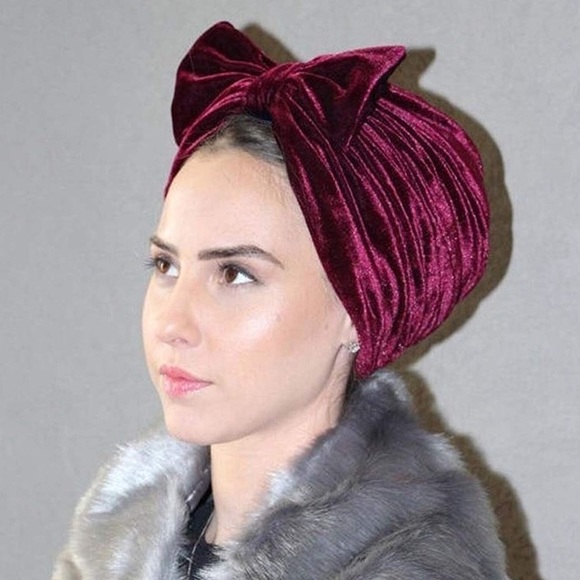 Burgundy Velvet Holiday Bow Turban Headband Hat - Picture 2 of 3